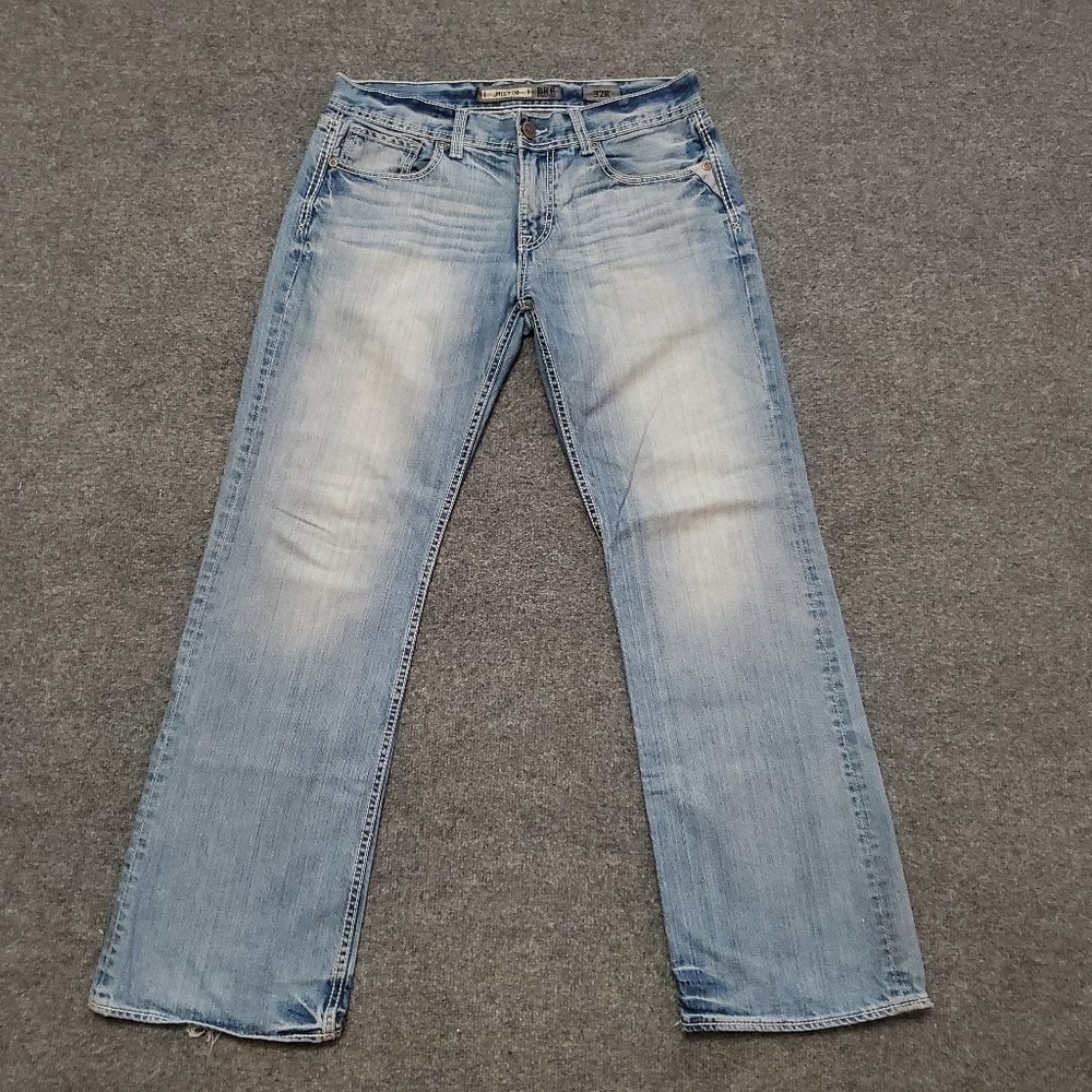 BKE Buckle Justin 32R (Meas 34x32 9.5" Rise) Boot Cut Regular Fit Med Jeans A1